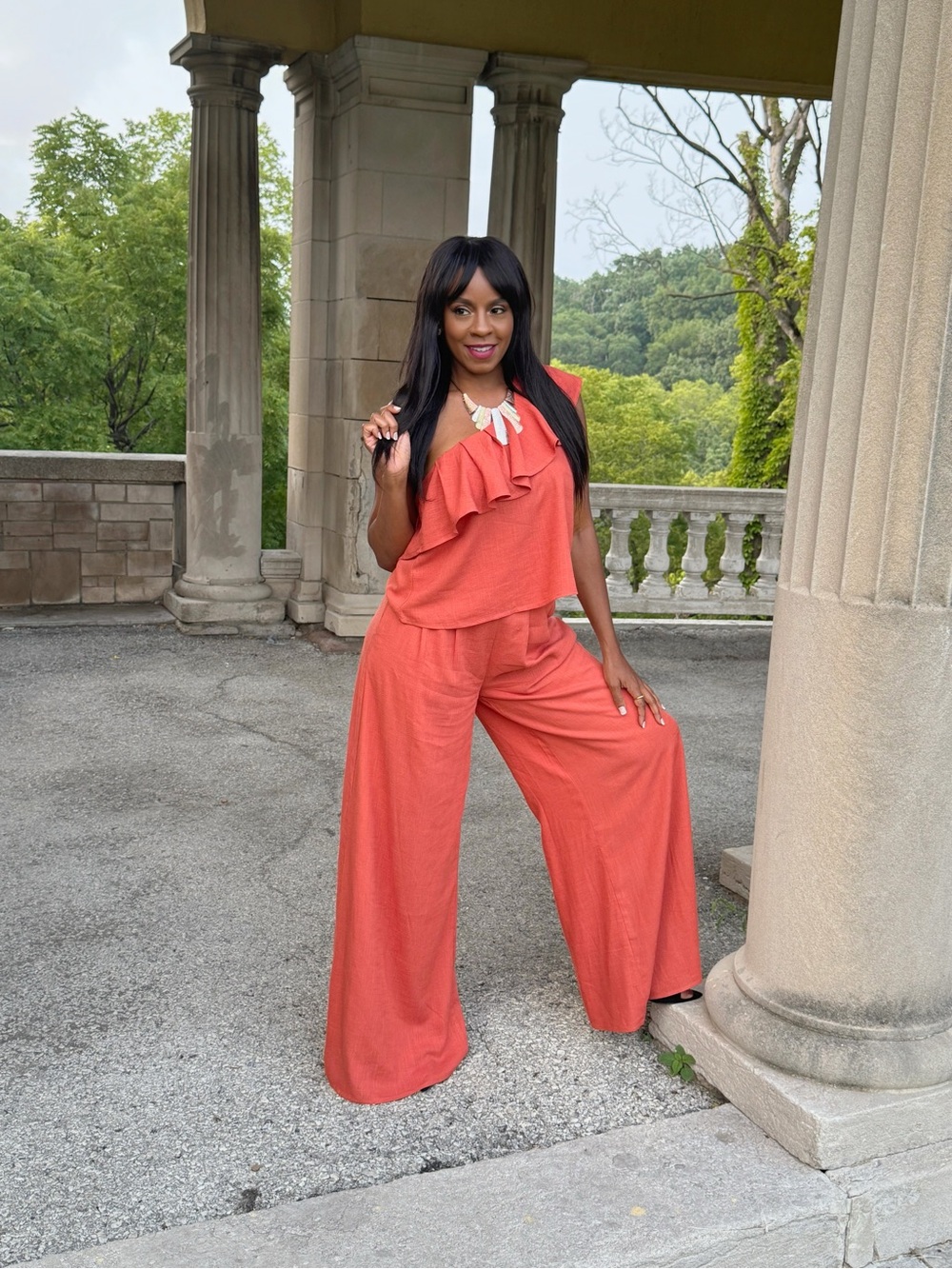 Coral Linen Blend One Shoulder Wide Leg 2 Piece Set